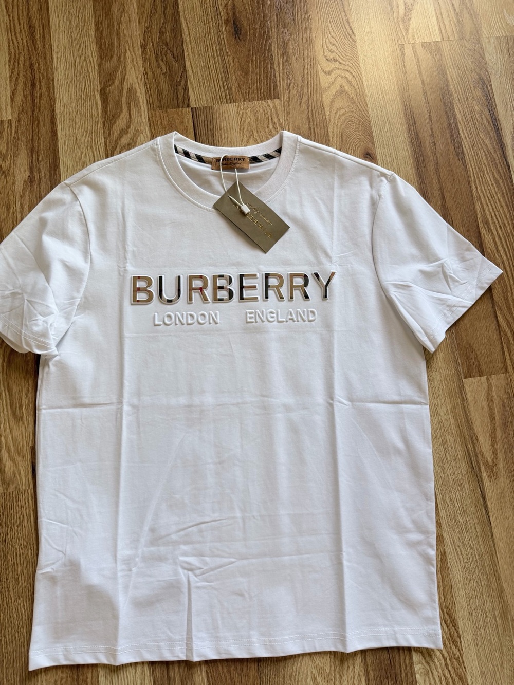 Burberry White Logo Short Sleeve Tee with Metallic Accents